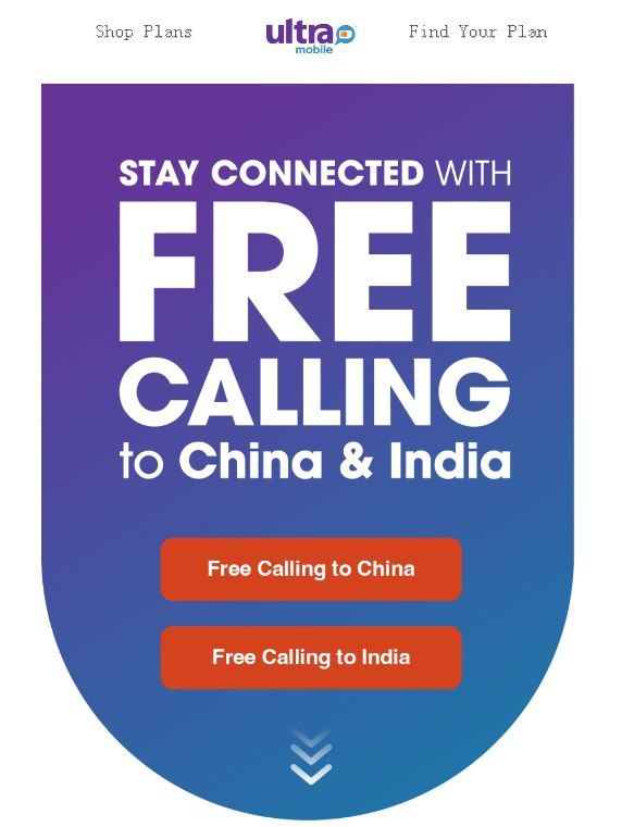 Ultra Mobile疑似拨打+86/+91免费猜测为WiFi Calling拨打/月费计划（最低96刀一年）/PAGY计划紫卡实测不行Ultra 让拨打中国变得轻松、免费请按照以下简单步骤操作：拨打退出代码 (011)拨打中国的国家代码 (86)拨打区号（通常为 2-3 位数字）拨打您想要联系的号码按通话并开始通话链接地址